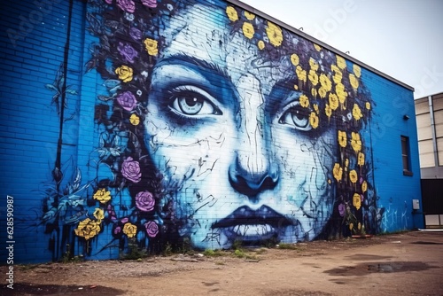 a blue building with a mural of a womans face and flowers