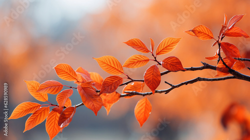 Colorful autumn leaves on a tree branch, autumn banner, autumn background Generative AI