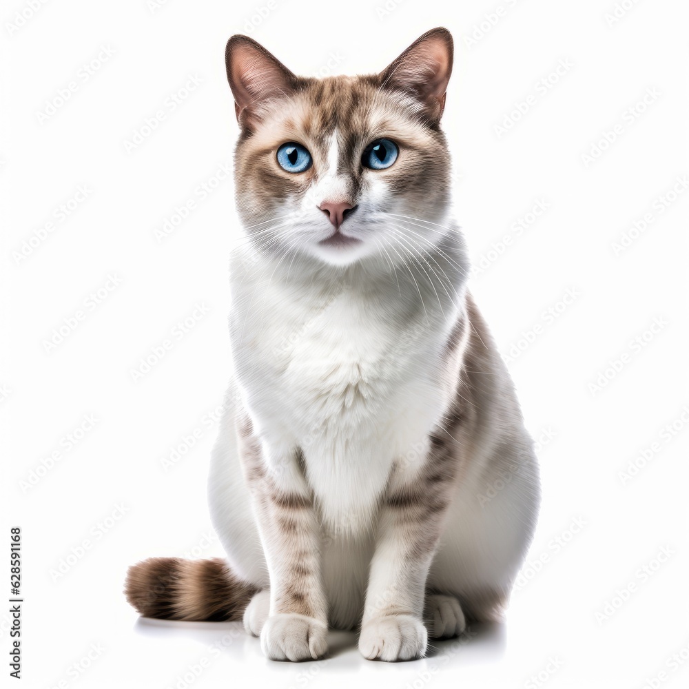 a brown and white cat with blue eyes is sitting in front of a white background