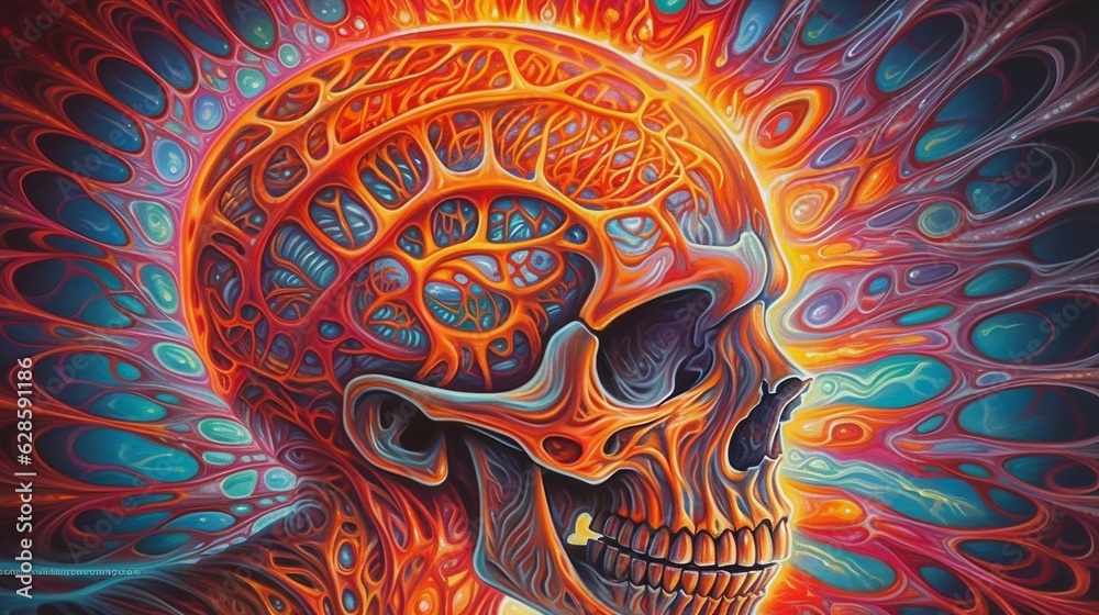 Naklejka premium AI generated illustration of a vibrant, abstract painting featuring a human skull