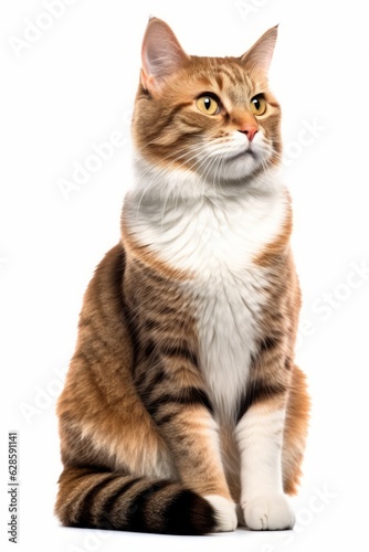 a brown and white cat sitting on a white background