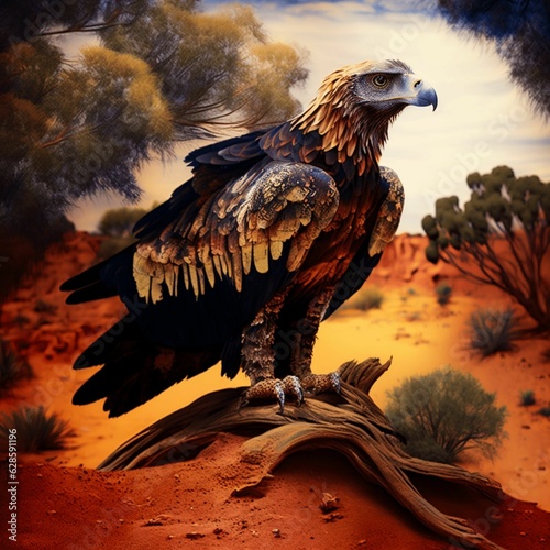 AI generated illustration of A vibrant painting of an eagle perched on a wooden branch © Dane Shearer/Wirestock Creators