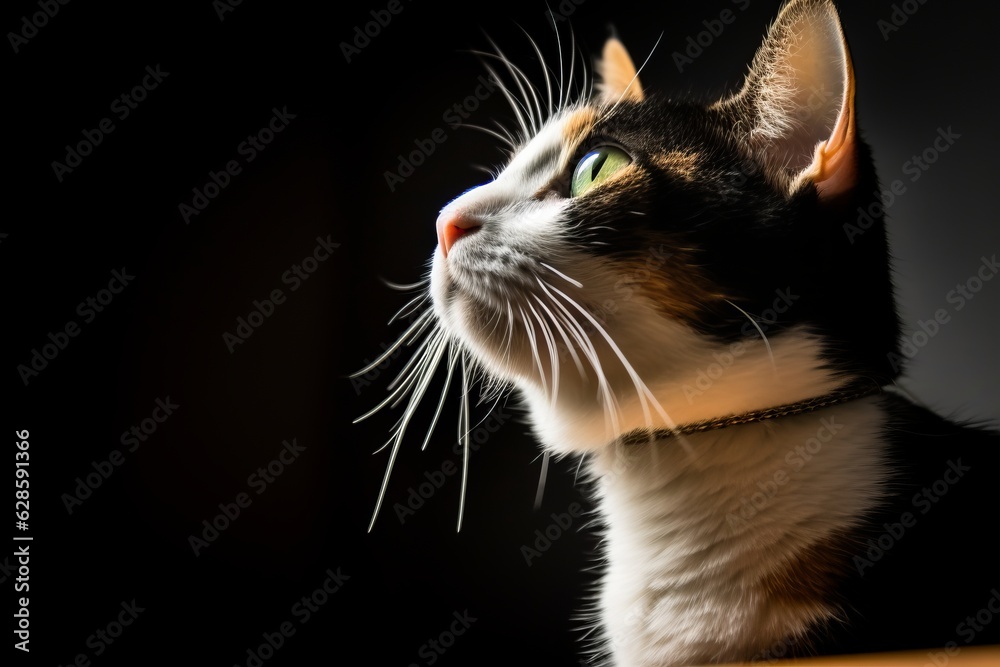 a calico cat is looking up at something in the dark