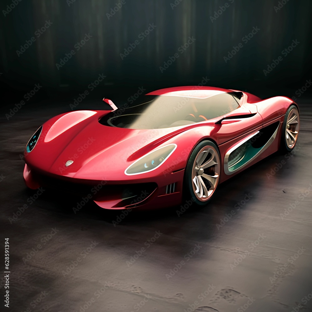 Modern red sports car parked against a dark background. AI-generated. Modern red sports car parked against a dark background. AI-generated.