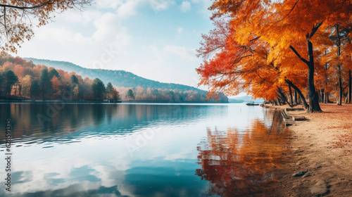 Serene lake surrounded by colorful trees during autumn  autumn banner  autumn background Generative AI