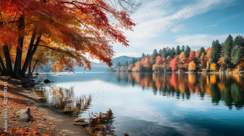 Serene lake surrounded by colorful trees during autumn  autumn banner  autumn background Generative AI