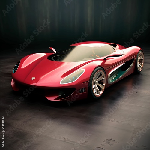 Modern red sports car parked against a dark background. AI-generated. © Swshurts/Wirestock Creators