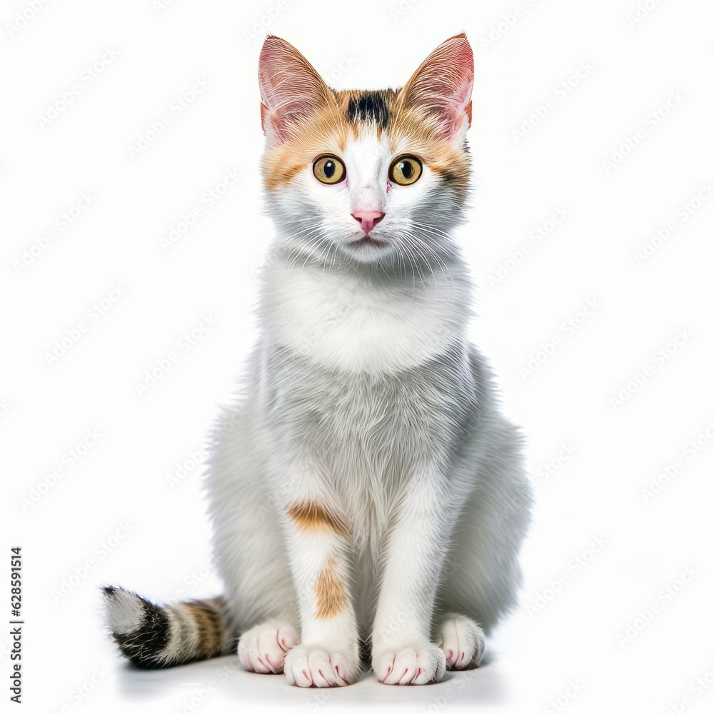 a calico cat sitting in front of a white background