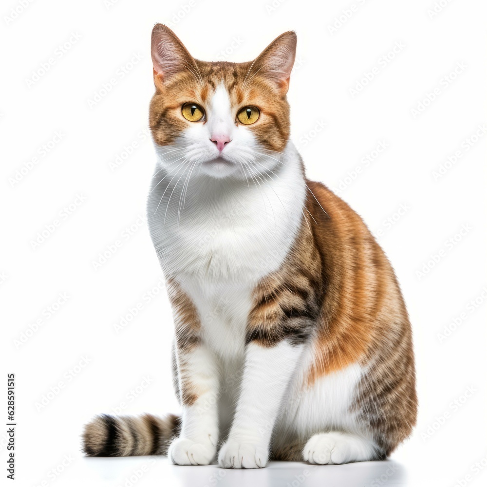 a calico cat sitting in front of a white background