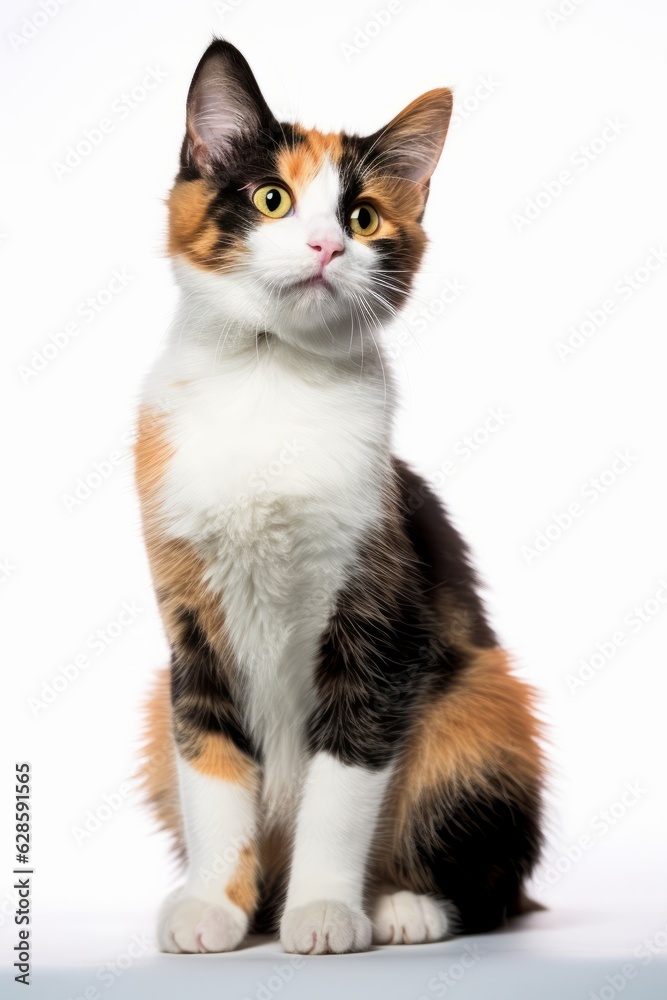 a calico cat sitting in front of a white background a calico cat sitting in front of a white background