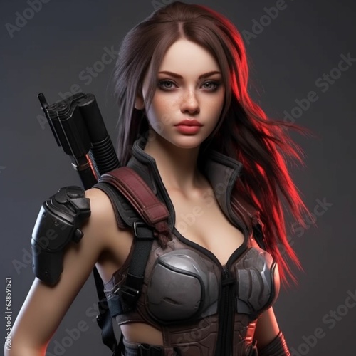 Young female posed with a rifle on a gray background. Ai generated