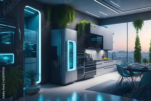 Futuristic Smart Home: Explore energy-efficient appliances, smart lighting & renewable energy integration in this eco-conscious and modern scene