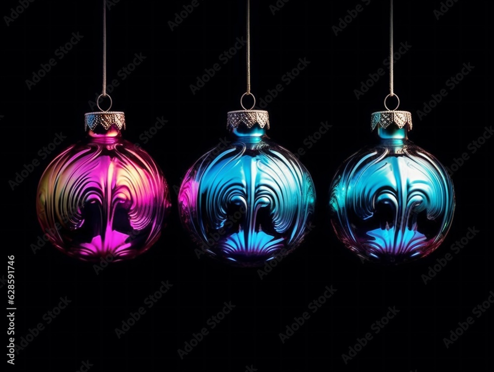 Obraz premium AI generated illustration of three festive Christmas ornaments hanging from a string