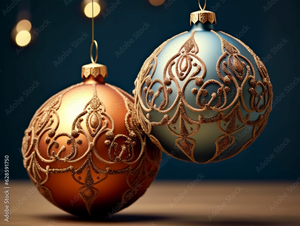AI generated illustration of a pair of Christmas ornaments with golden glitter AI generated illustration of a pair of Christmas ornaments with golden glitter