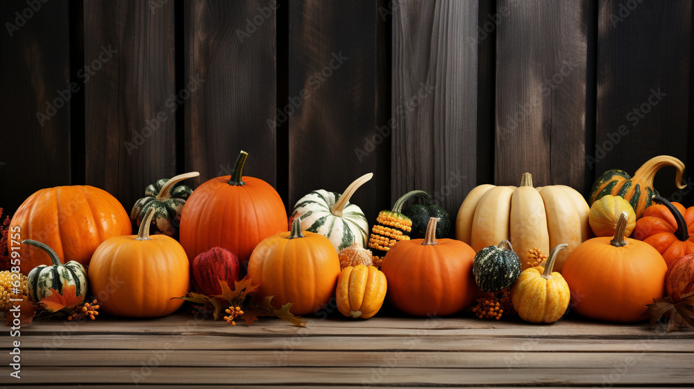 A row of pumpkins and gourds on a rustic wooden fence, autumn banner, autumn background Generative AI A row of pumpkins and gourds on a rustic wooden fence, autumn banner, autumn background Generative AI