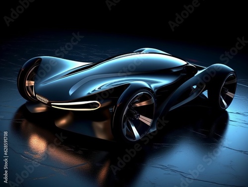 Black sleek car in a futuristic setting with a reflective surface. AI-generated. © Sandymaya/Wirestock Creators