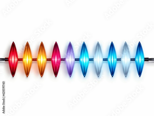 AI generated illustration of a line of colorful bright Christmas lights on the white background