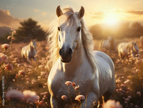 AI-generated illustration of a majestic white horse standing in a sunlit meadow full of pink flowers