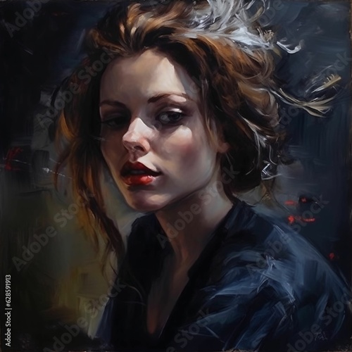 Oil painting of a beautiful woman in a dark setting. AI-generated.