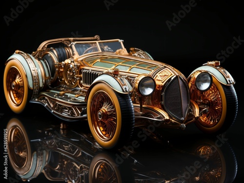 AI generated illustration of a classic vintage car with a golden finish against a black backdrop © Sandymaya/Wirestock Creators
