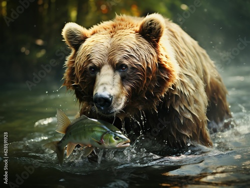AI generated illustration of a brown bear in a river with a freshly caught fish