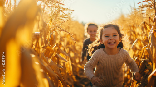 Fotografiet Children playing in a corn maze during a sunny autumn day, autumn banner, autumn