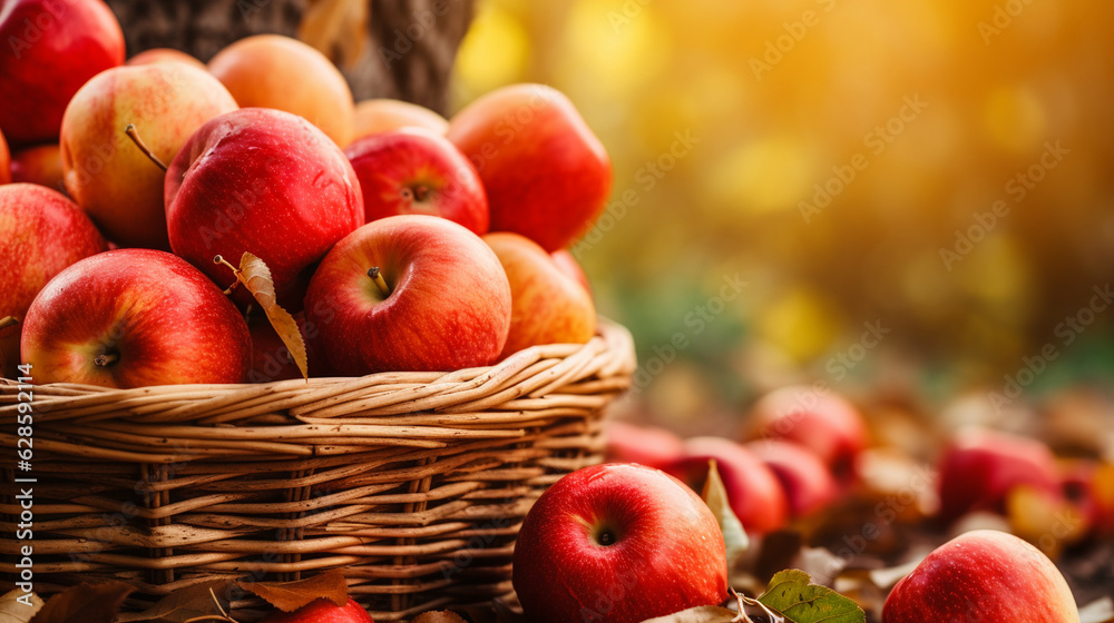 Close-up of a basket filled with freshly picked apples, autumn banner, autumn background Generative AI Close-up of a basket filled with freshly picked apples, autumn banner, autumn background Generative AI