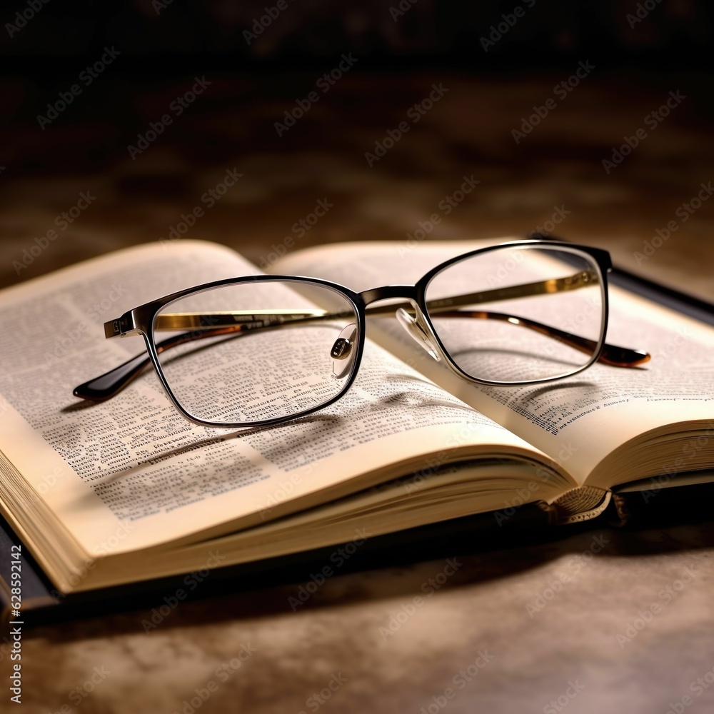 AI generated illustration of a wooden table with a hardcover book and a pair of reading glasses AI generated illustration of a wooden table with a hardcover book and a pair of reading glasses