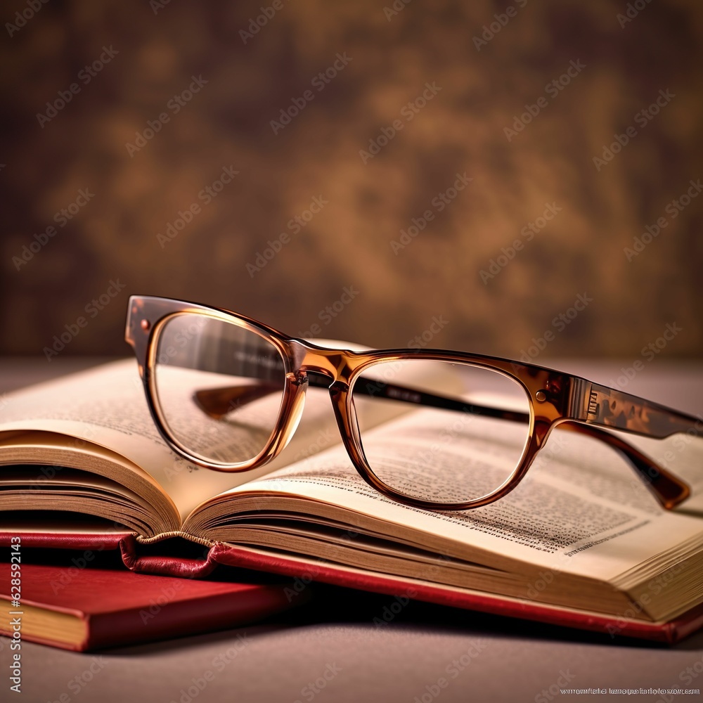 AI generated illustration of a wooden table with a hardcover book and a pair of reading glasses AI generated illustration of a wooden table with a hardcover book and a pair of reading glasses