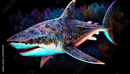 AI-generated illustration of a shark with an abstract pattern swimming in the sea among algae.