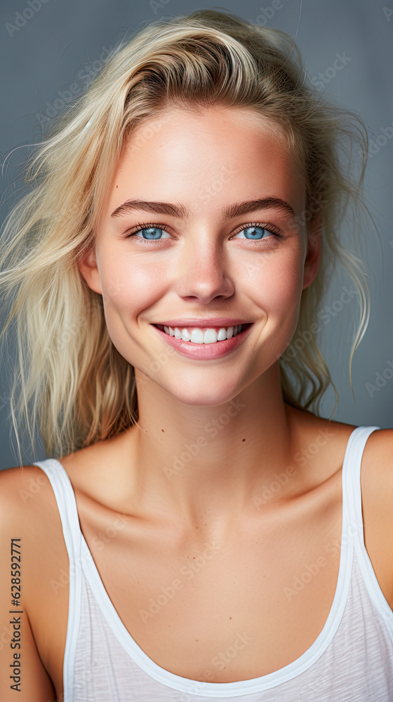 scandinavian blonde skincare model with beautiful perfect skin. blue background. scandinavian blonde skincare model with beautiful perfect skin. blue background.