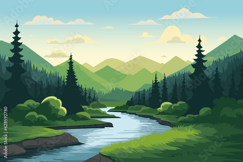 Beautiful landscape of the river, forest and mountains. A river surrounded by forest and mountains in the background. Vector landscape for printing. © LoveSan