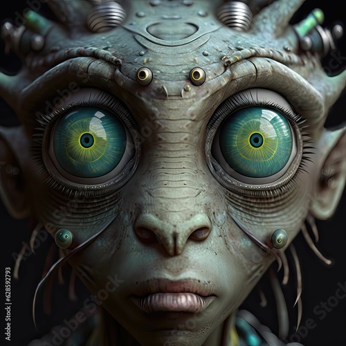 AI generated illustration of a close-up of a fictional alien creature with big eyes