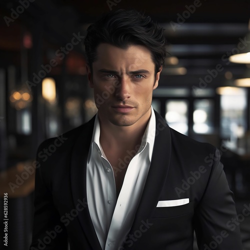 businessman in a black suit standing confidently in front of a bar, looking directly into the camera