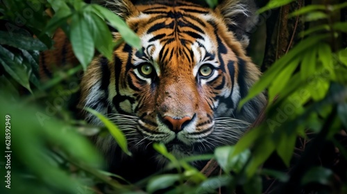 Majestic, wild tiger among lush green foliage in its naturalistic habitat. AI-generated.
