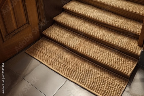 Door mat in front of interior stone stairs, top view. Room for design. Generative AI