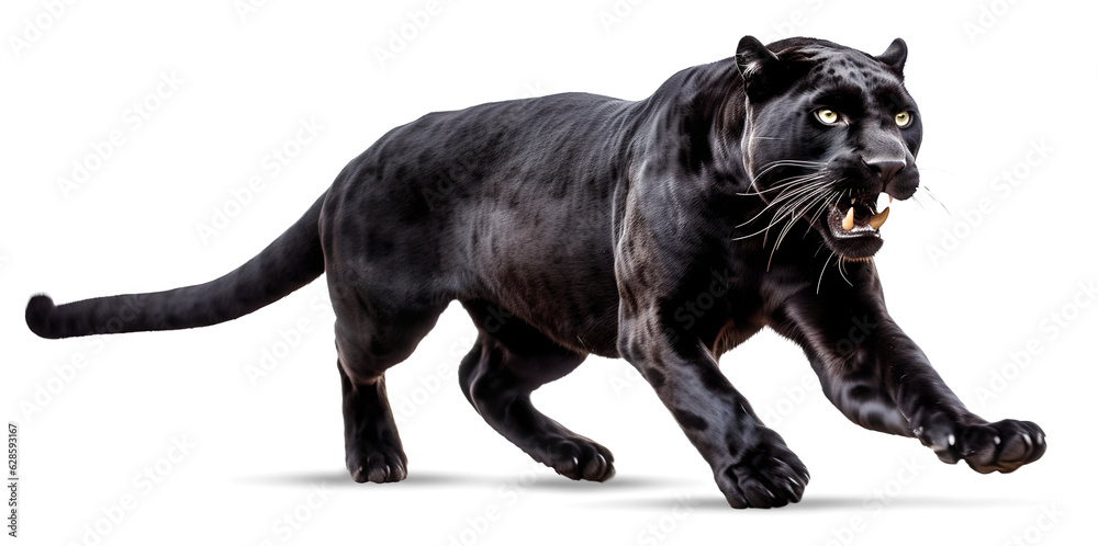 Obraz premium scary black panther running to chase on isolated transparent background