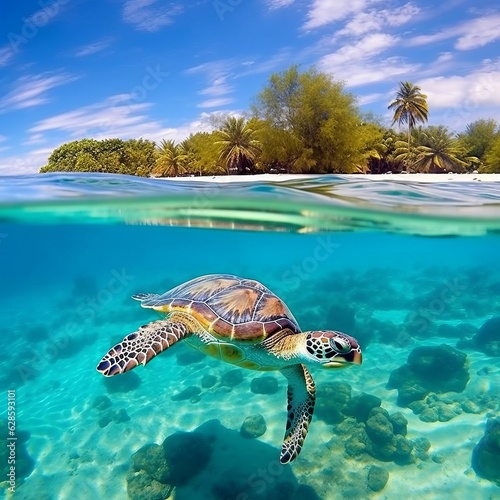 AI generated sea turtle swimming near a tropical island