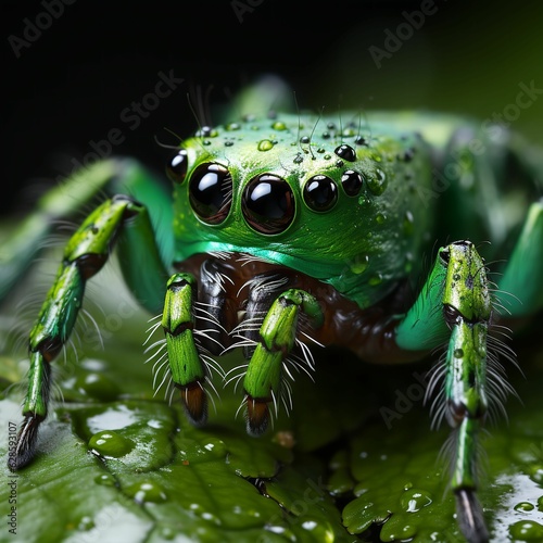 AI generated spider on green leaf © Spiralstone/Wirestock Creators