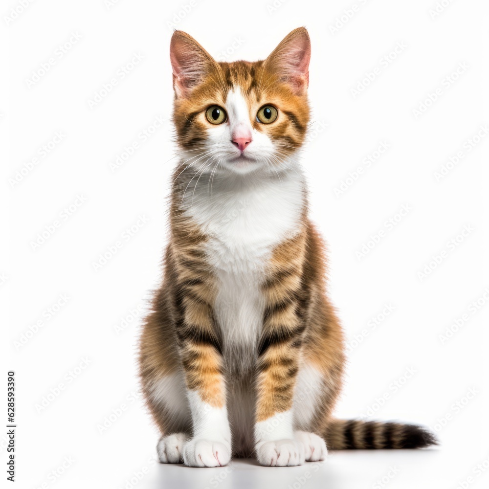 a cat is sitting in front of a white background