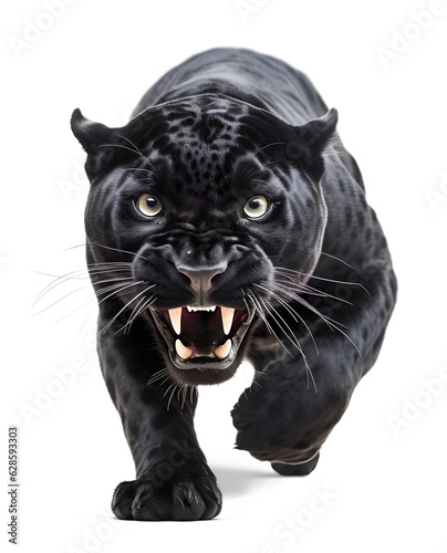 dangerous black panther ready to attack on white background