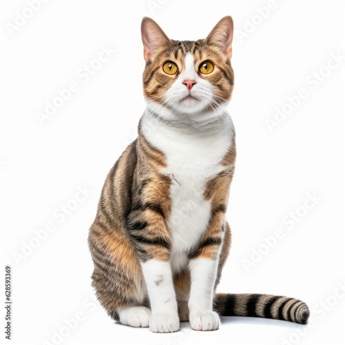 a cat is sitting in front of a white background