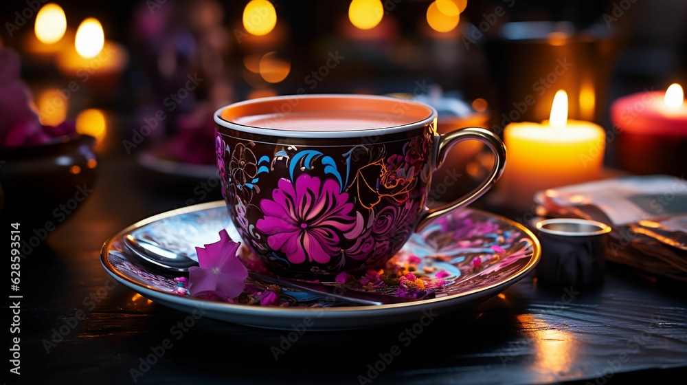 AI generated illustration of a cup with a delicate floral pattern with a freshly brewed hot tea AI generated illustration of a cup with a delicate floral pattern with a freshly brewed hot tea