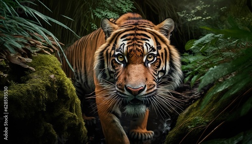 AI generated illustration of a majestic tiger striding through a lush green forest, its gaze alert