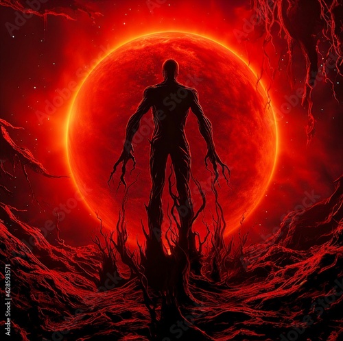 Uprising of an underworld demon silhouetted against the red moon. AI-generated.