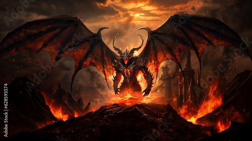 Menacing winged demon on a fiery hill against the backdrop of a castle. AI-generated.