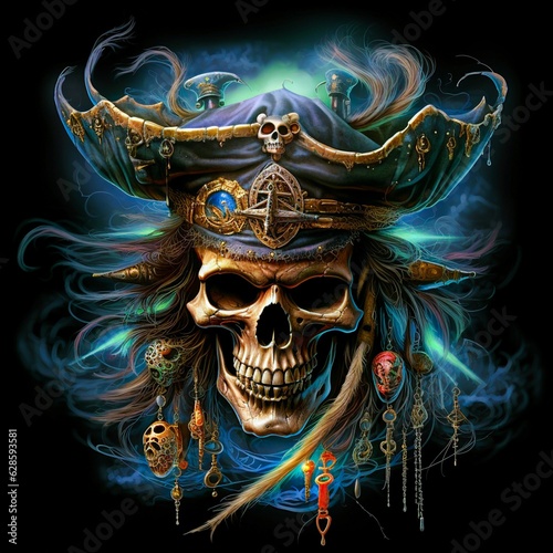 Billede på lærred Human skull wearing a traditional pirate hat with decorative accessories