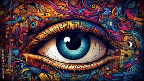digital abstract art poster with doodle human eyes.Generative AI