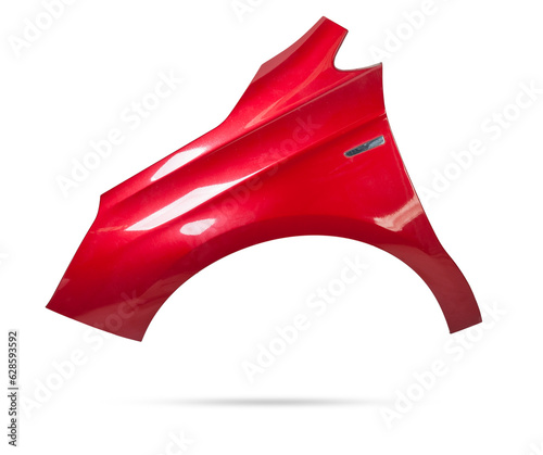 Red metallic fender on a white isolated background in a photo studio for sale or replacement in a car service. Mudguard on auto-parsing for repair or a device to protect the body from dirt.