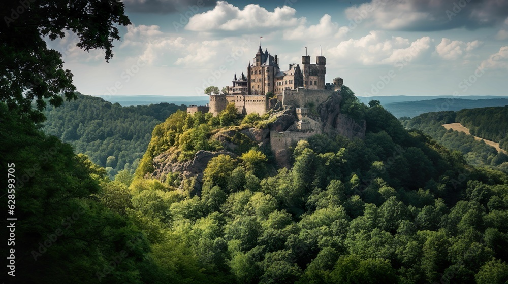 AI generated illustration of a majestic castle  perched atop a lush hill surrounded by trees
